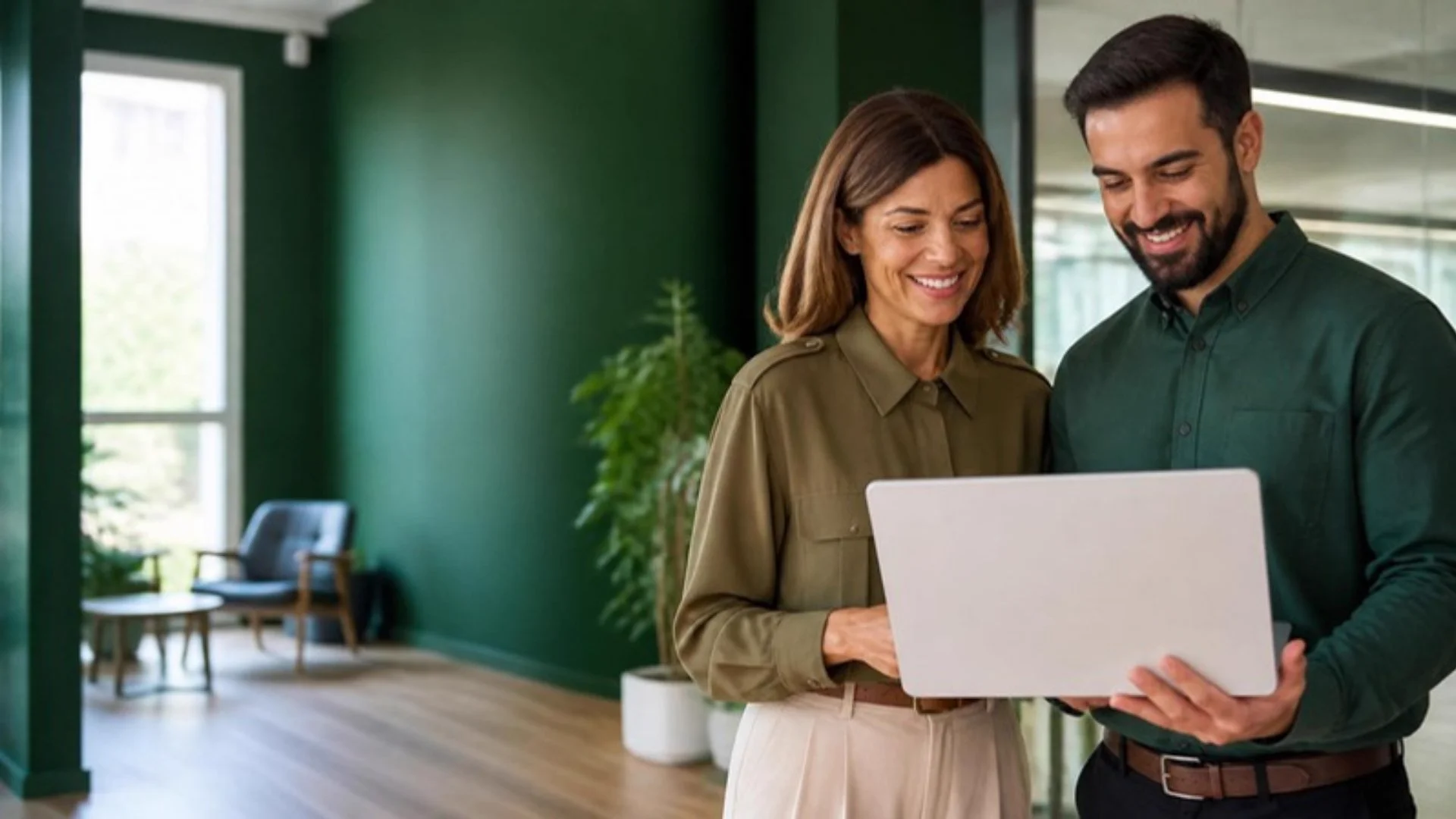An HR manager and an employee smiling as they review payslips together on a laptop
