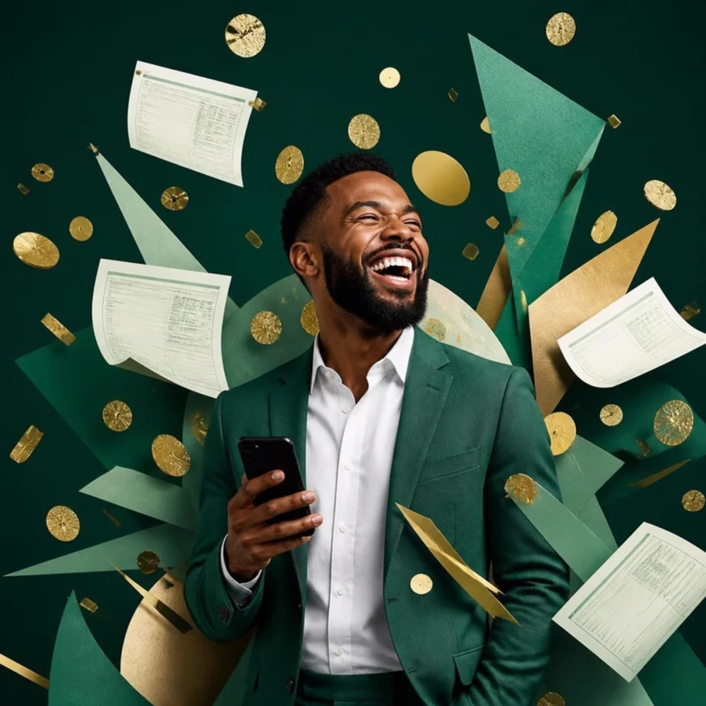 A laughing professional holding a phone, surrounded by green paper shapes, gold coins and flying payslips